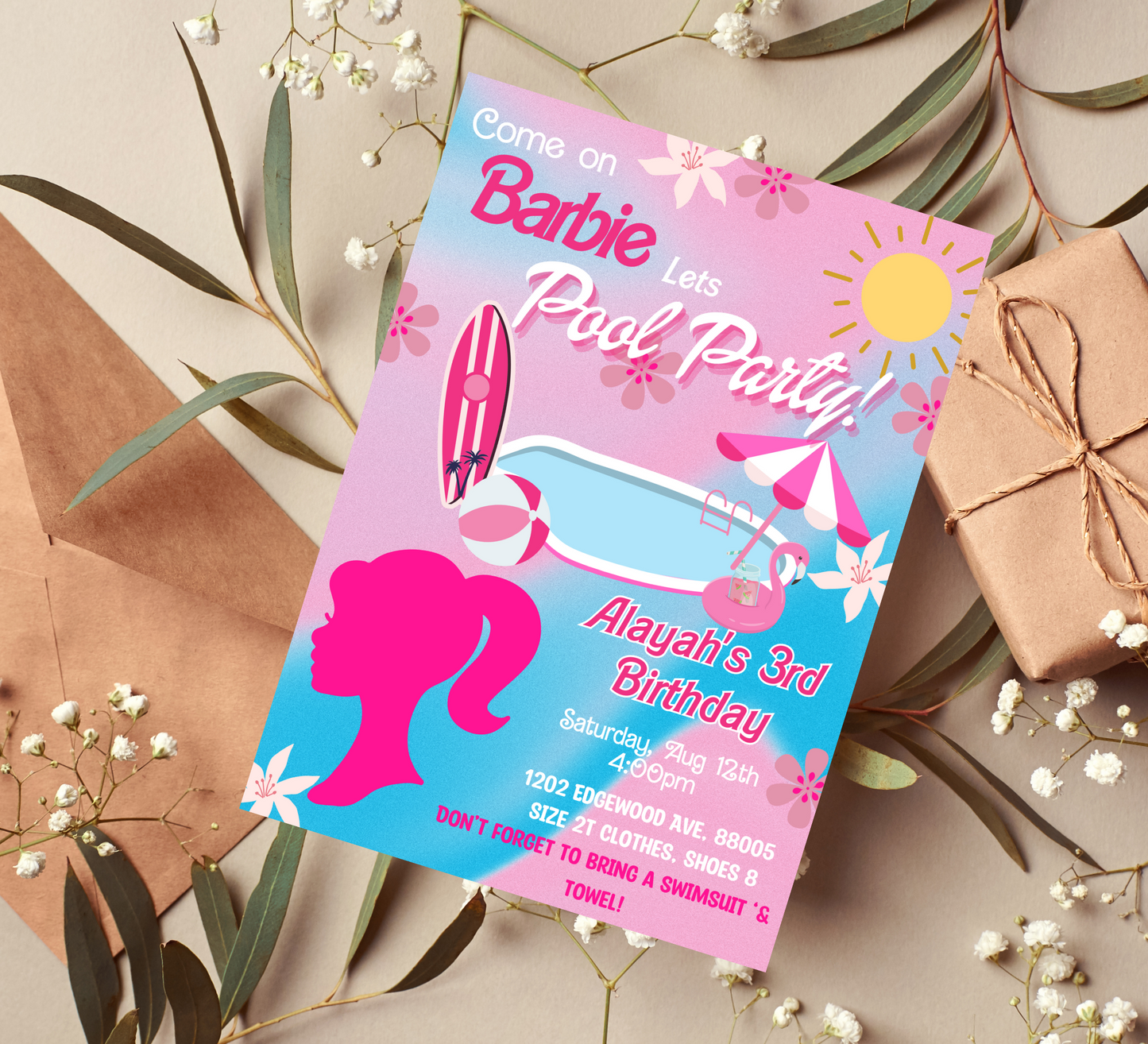 Barbie Pool Birthday Invitation | Pink Doll Party Celebration"