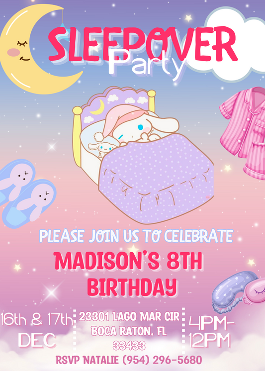 Cinnamoroll Sleepover Birthday Party Invitation for Girls, Hello Kitty and Friends Slumber Invite, Canva editable birthday Template, Cinnamon Roll Kawaii Party