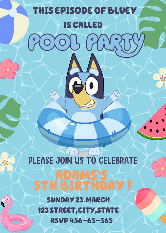 Bluey Birthday Invitation, Bluey & Bingo Birthday Invite, Bluey pool party, Kids Birthday Invite, pool party, Digital Bluey Template