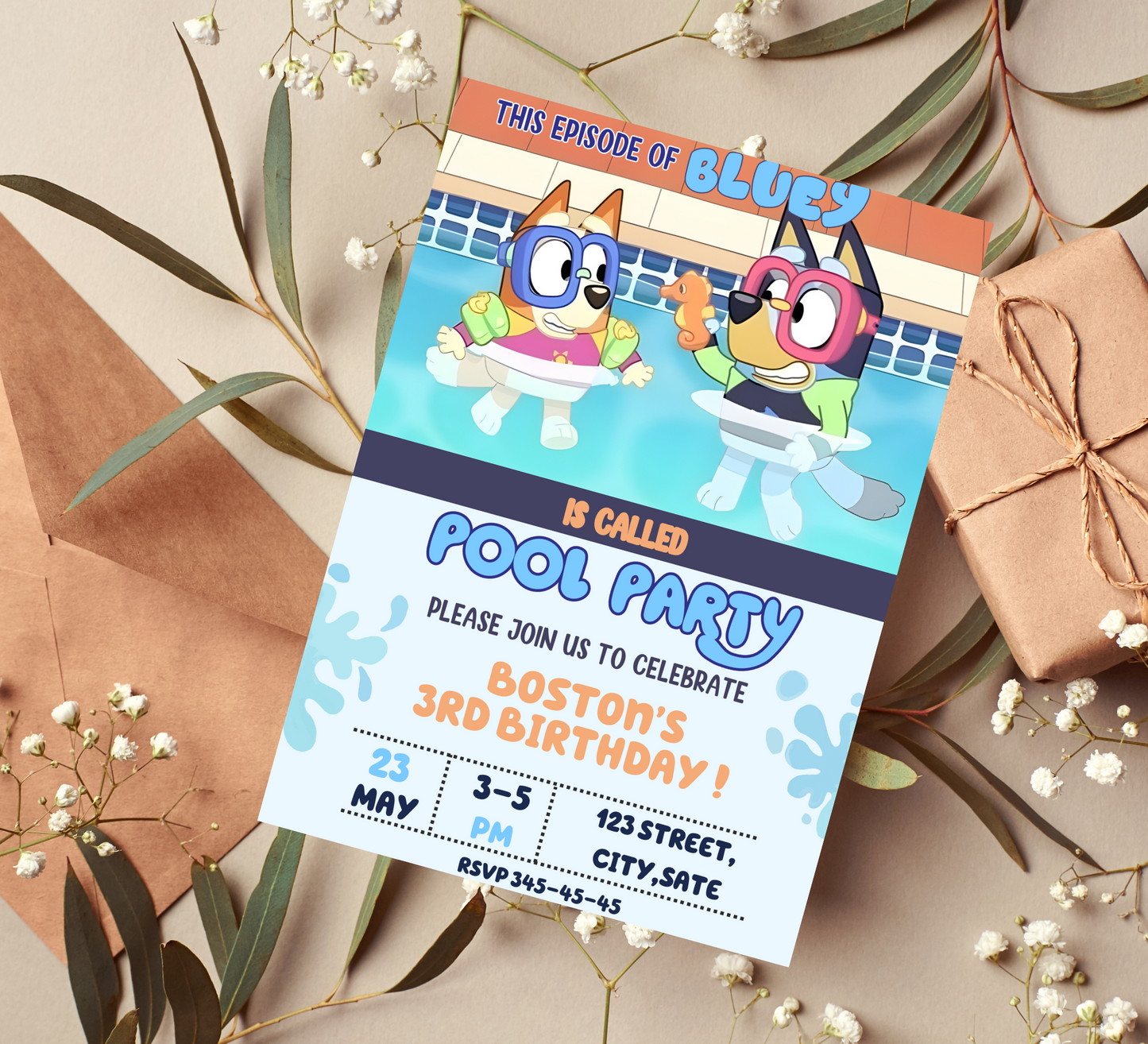 Bluey and Bingo Pool Birthday Invitation - Customizable Pool Party Invite - Kids Birthday Celebration"