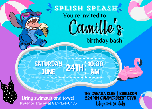 Stitch Pool Birthday Splash Party Invitation | Lilo Stitch Birthday Bash Celebration