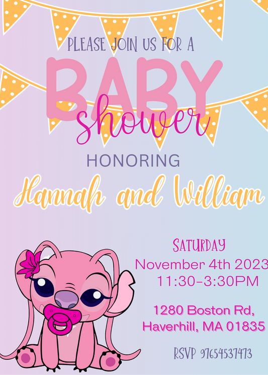 Stitch Baby Shower Invitation in Pink, Ohana Tropical Theme, Editable Template, Canva Invitation