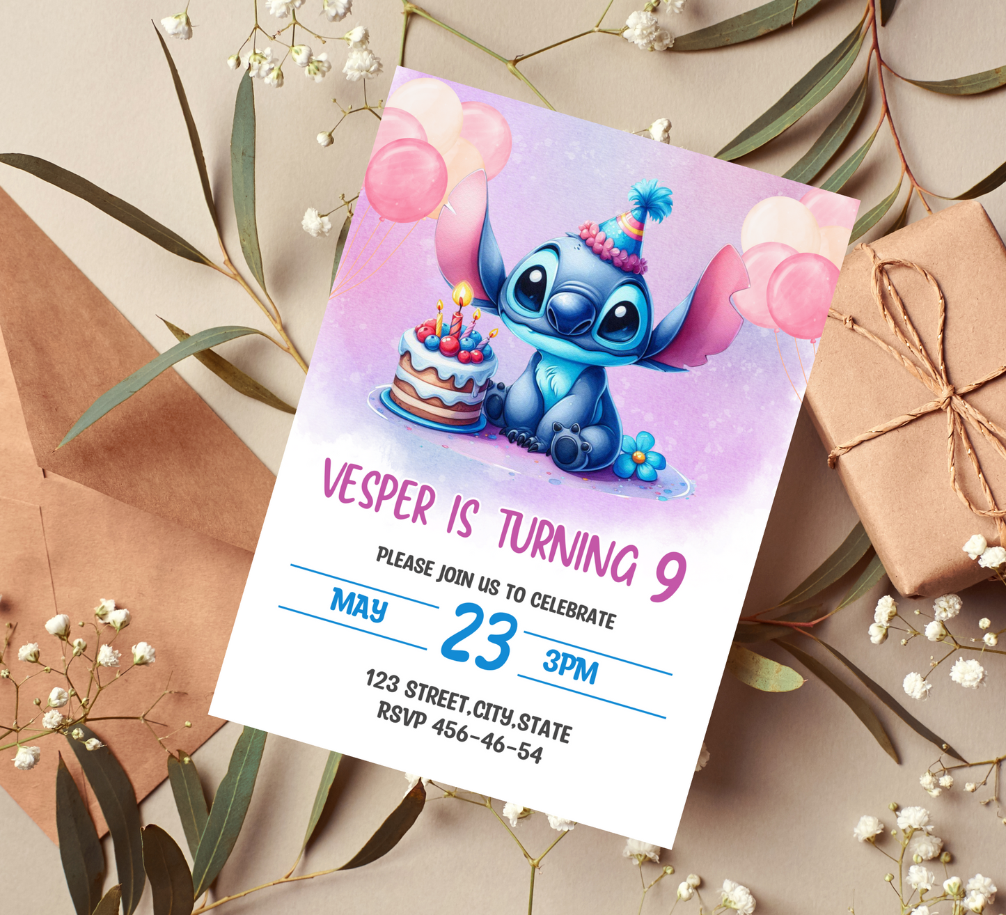 Editable Stitch Birthday Invitation and Favor Tag Template, Canva Editable Birthday Invitation, Lilo Stitch Angel Birthday Party Invitation