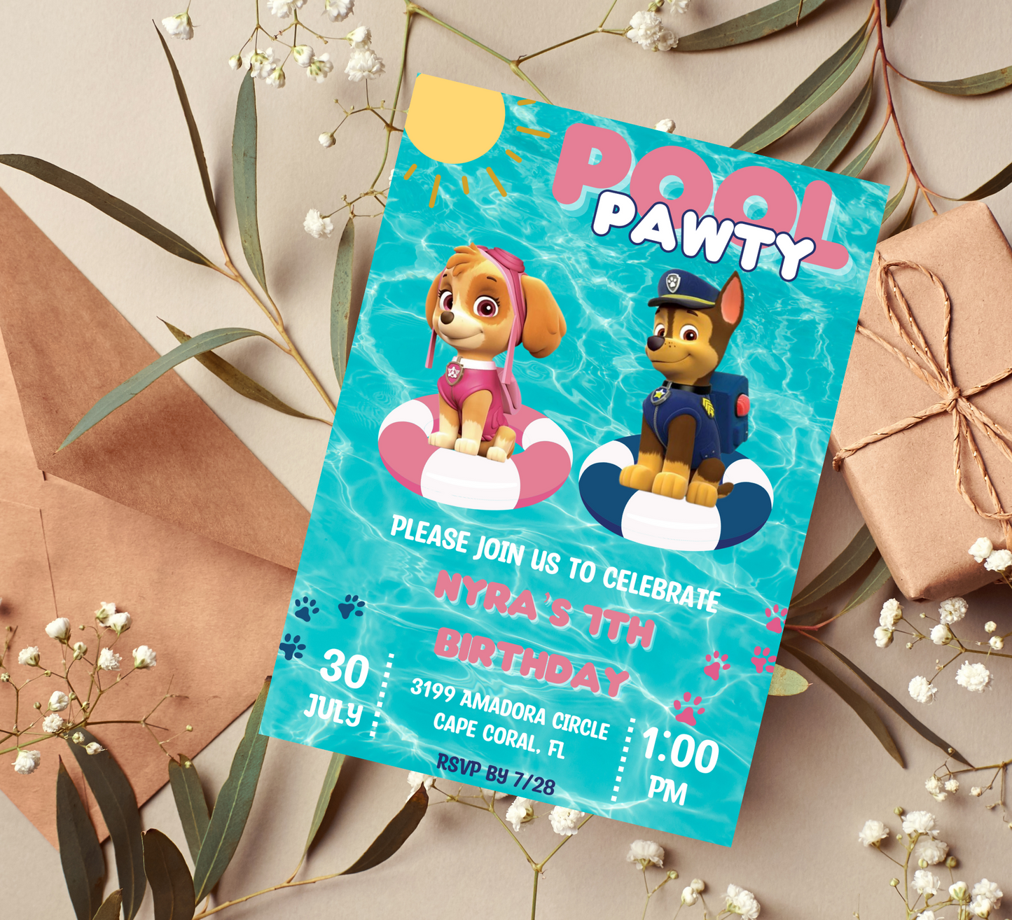 "Paw Patrol Pool Party Invitation: Skye, Chase, and Friends Splash into Fun Birthday Celebration!