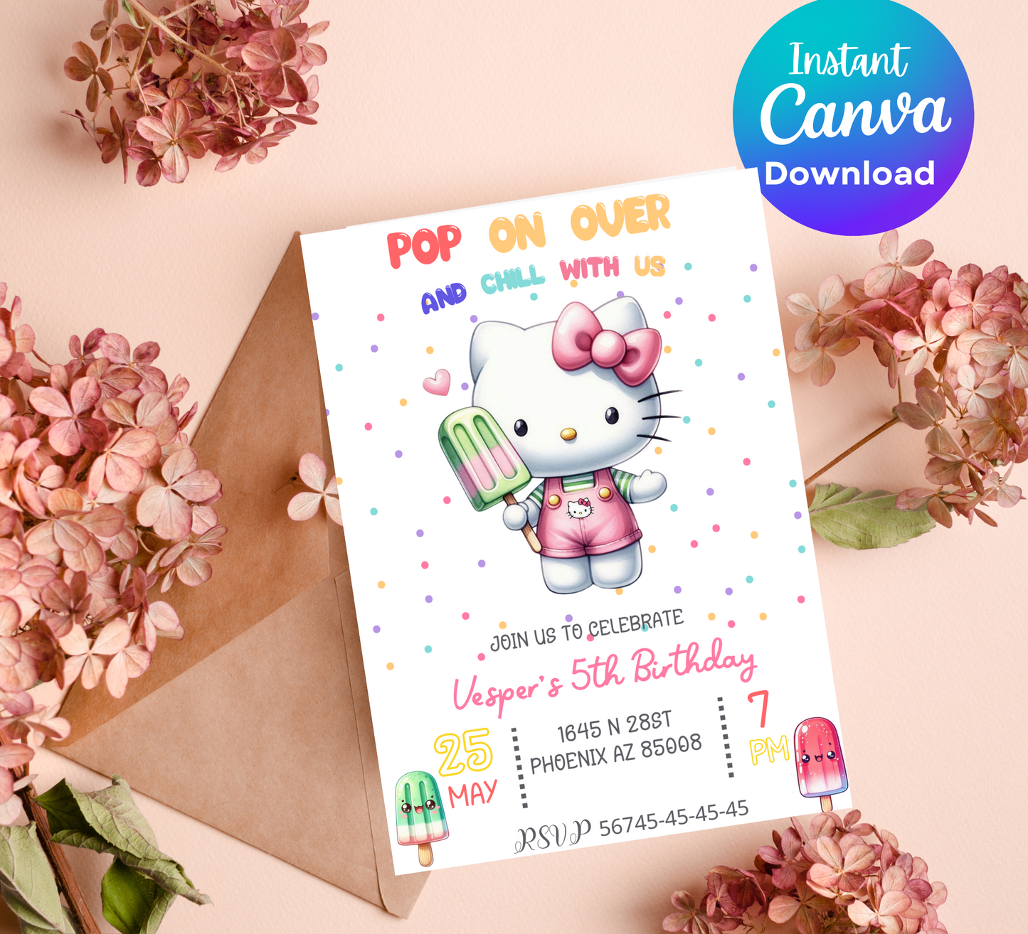 Editable Hello Kitty Popsicle Birthday Invitation Kawaii Popsicle Birthday Invite Sanrio Pop On Over Chill With Us Girl Popsicle Party Ice Cream Digital Invite