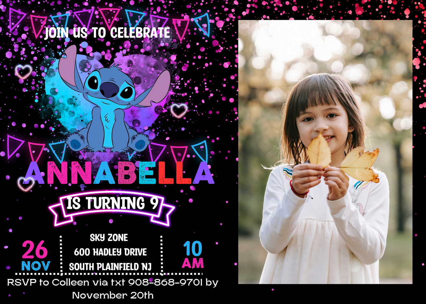 Stitch Neon Birthday Invitation with Personalized Photos | Lilo & Stitch Party Invite | Vibrant Celebration Theme