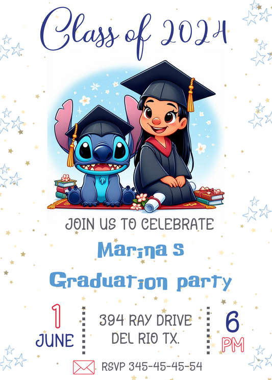 Stitch and Lilo Graduation Party Invitation - Ohana Celebration - Hawaiian Theme Invitation- Customizable