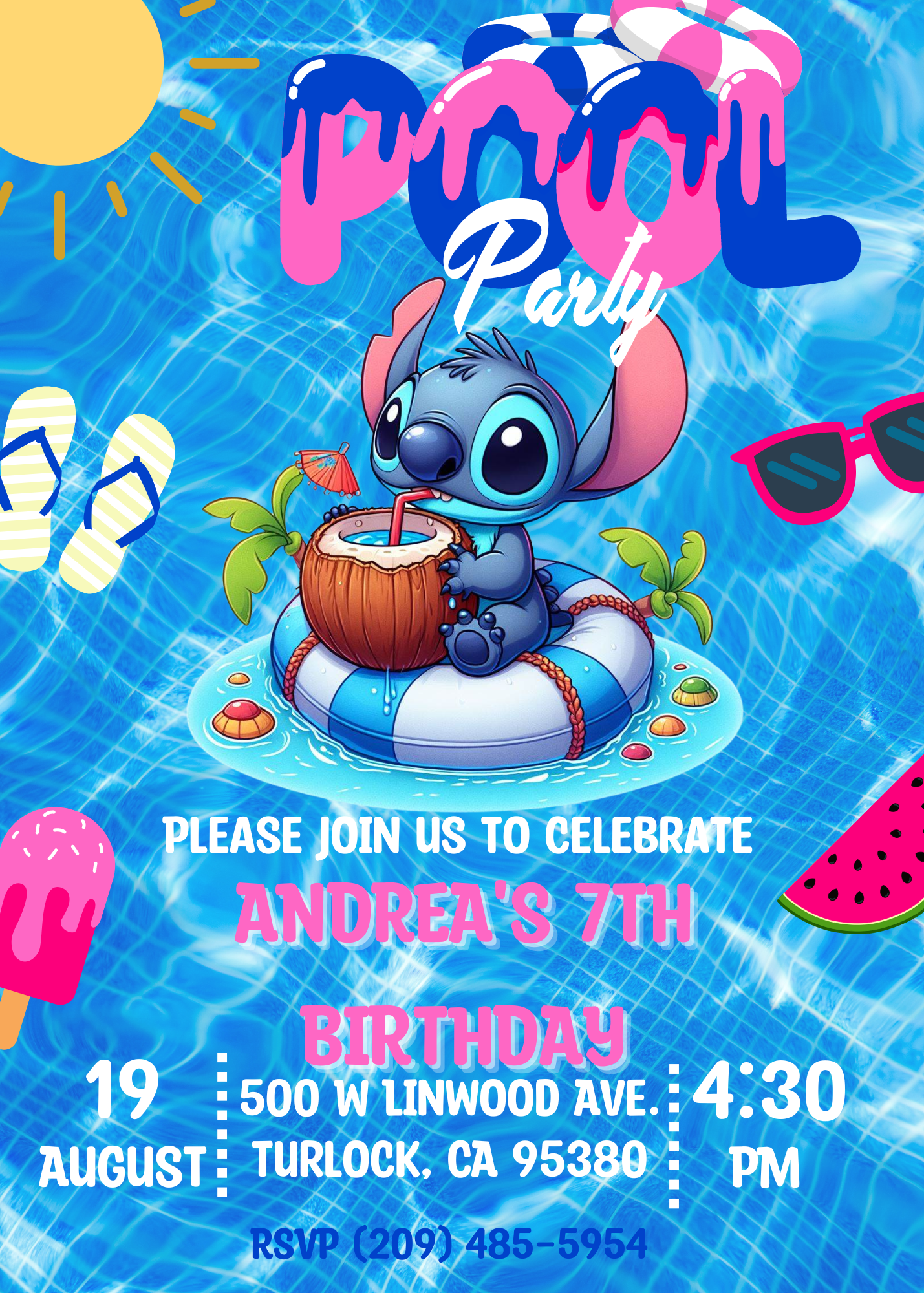 Stitch Pool Party Invitation - Customizable Stitch Birthday Invite - Hawaiian Pool Bash - Digital Download