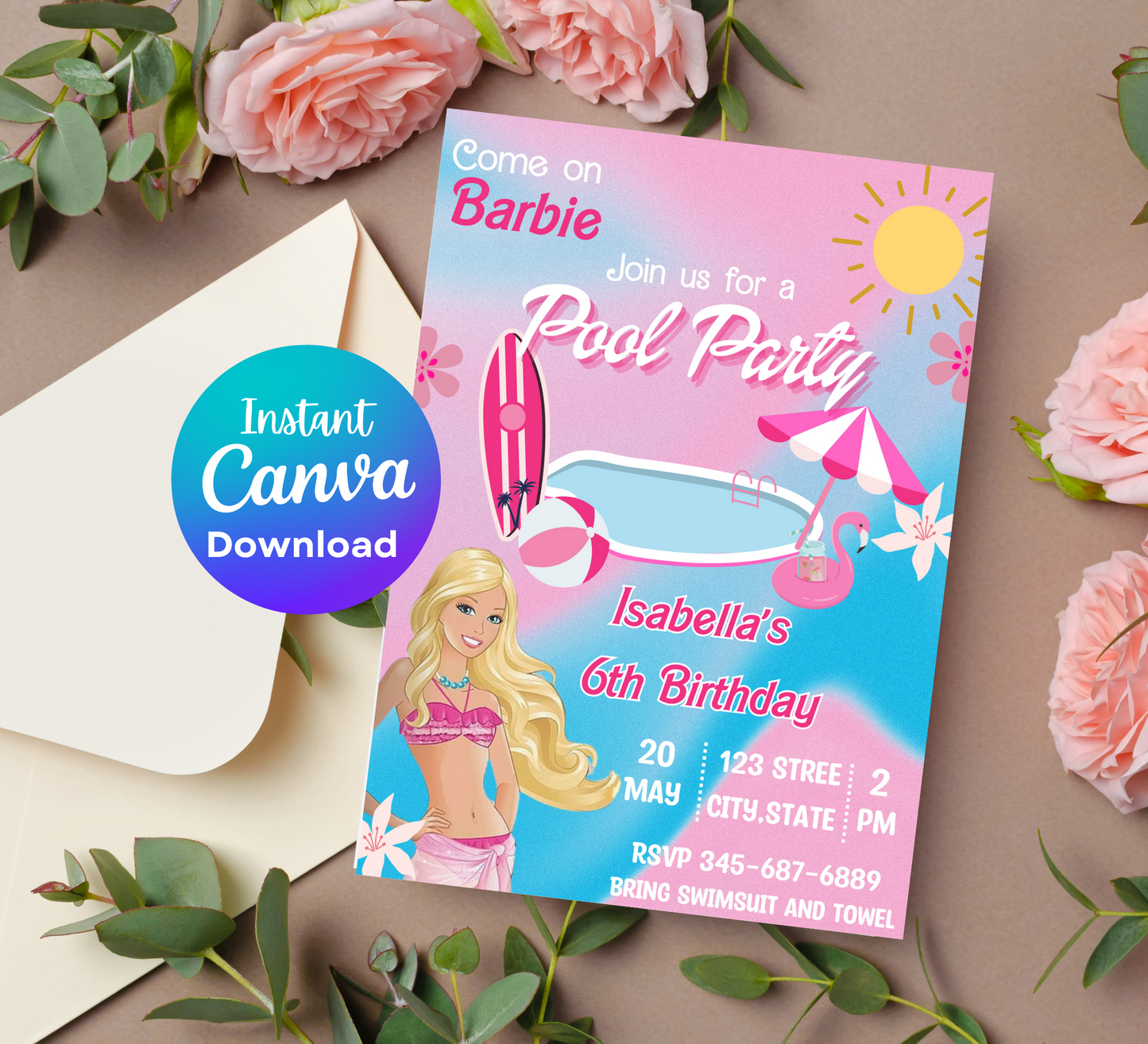 Barbie Pool Birthday Party Invitation - Pink Splash Celebration