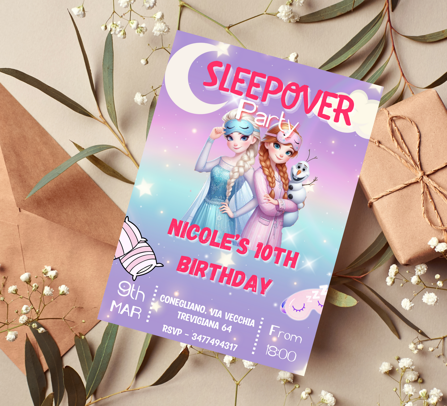 Ana Elsa Frozen Sleepover Birthday Invitation: Magical Slumber Party Adventure with Olaf, Elsa, and Anna!