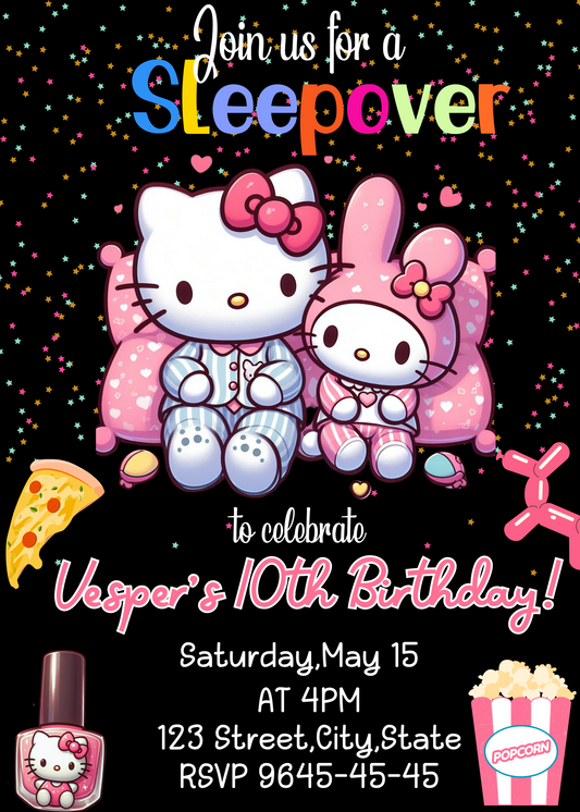 Hello Kitty My Melody Sleepover Birthday Invitation | Kawaii Slumber Party Invite | Editable Canva Template