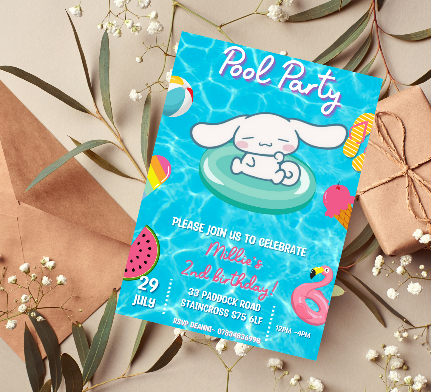 Cinnamoroll Party Invitation for Girls, Hell Kitty and Friends Invite, Canva editable birthday Template, Cinnamon Roll Kuroni Kawaii Party