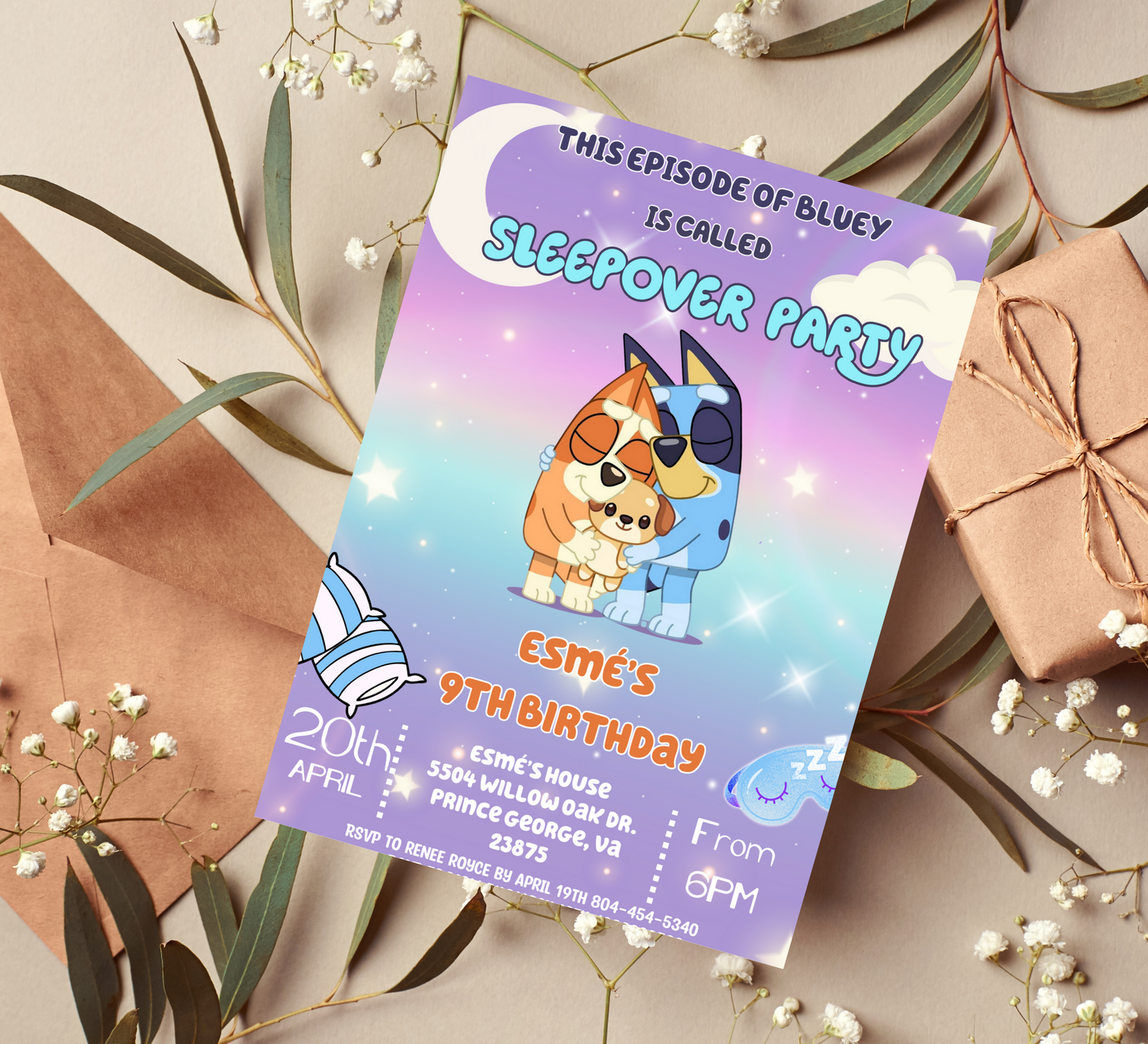 Bluey and Bingo Sleepover Birthday Party Invitation | Customizable Kids Slumber Party Invite