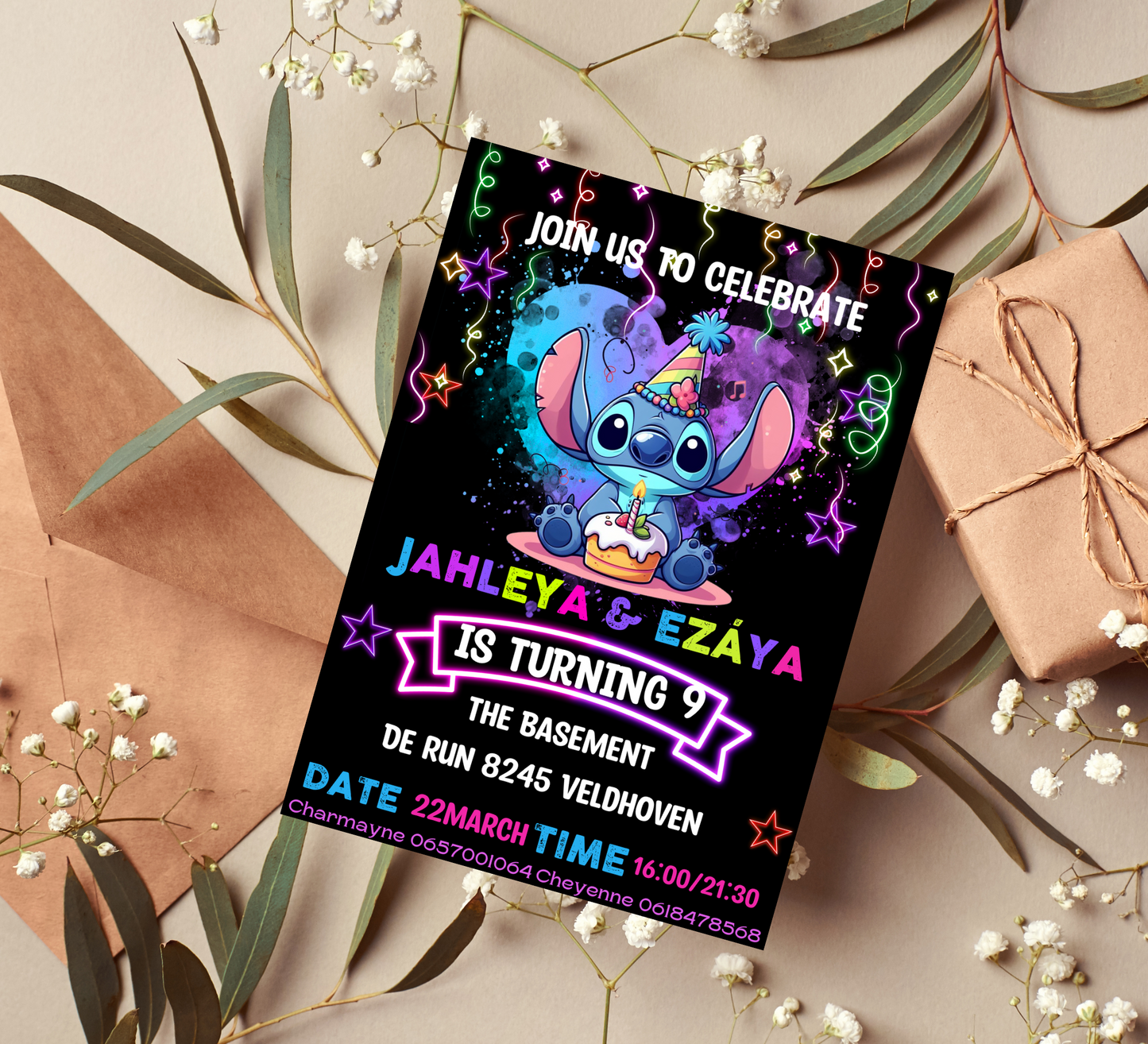 Stitch Neon Birthday Invitation | Lilo & Stitch Party Invite | Vibrant and Fun Celebration Theme