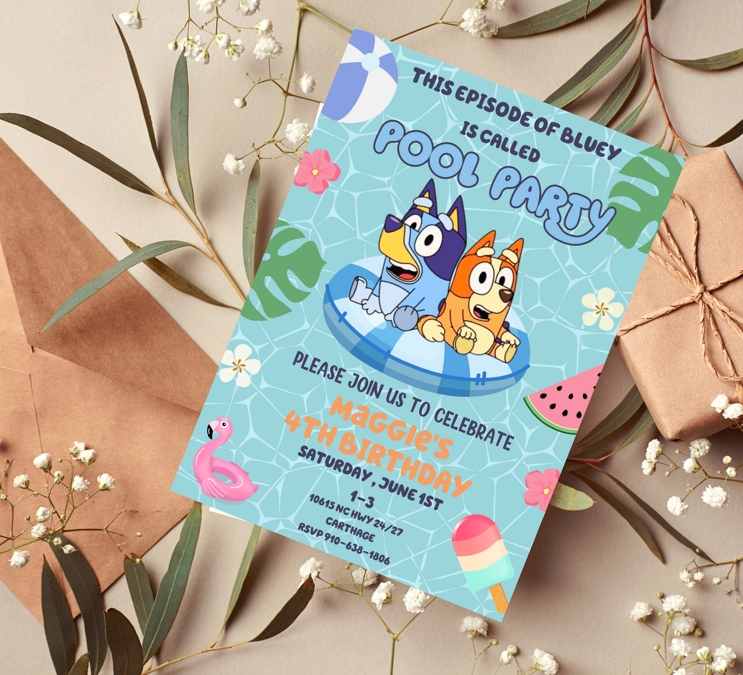 Bluey Bingo Pool Birthday Invitation - Customizable Kids Party Invite