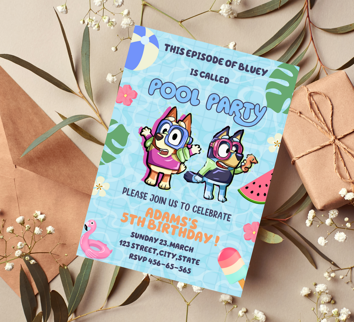 Bluey Pool Birthday Party Invitation | Splish Splash Celebration