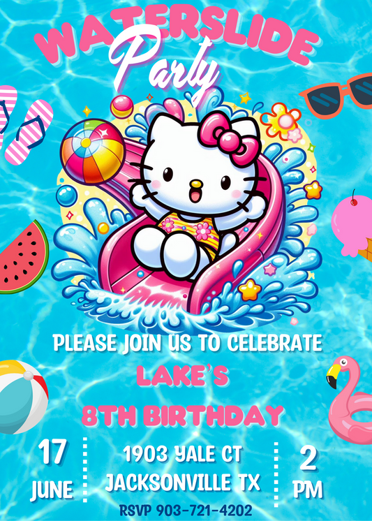 Hello Kitty Kawaii Pool Party Waterslide Birthday Invitation: Splash into Fun