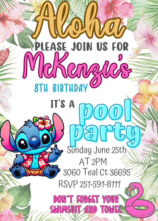 Stitch Aloha Tropical Hawaiian Birthday Invitation