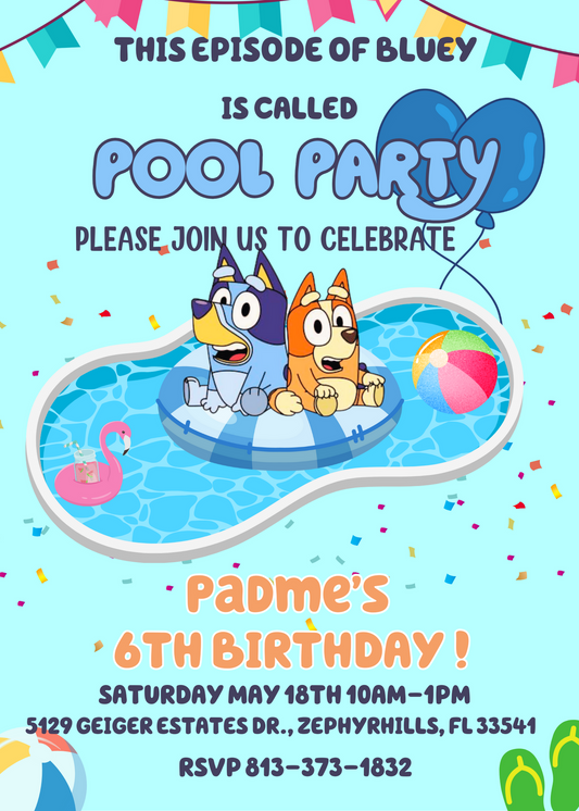 Bluey & Bingo Pool Party Birthday Invitation | Customizable Kids Invite