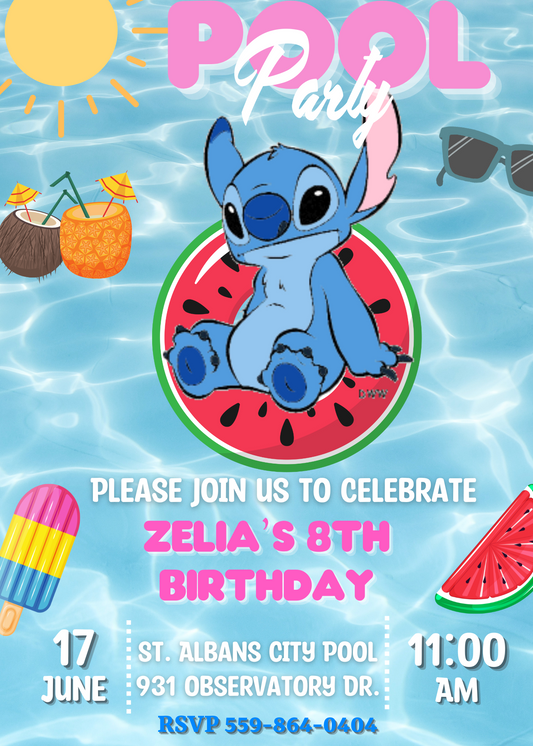 Stitch Pool Birthday Watermelon Invitation with Birthday Card Set | Tropical Celebration Duo