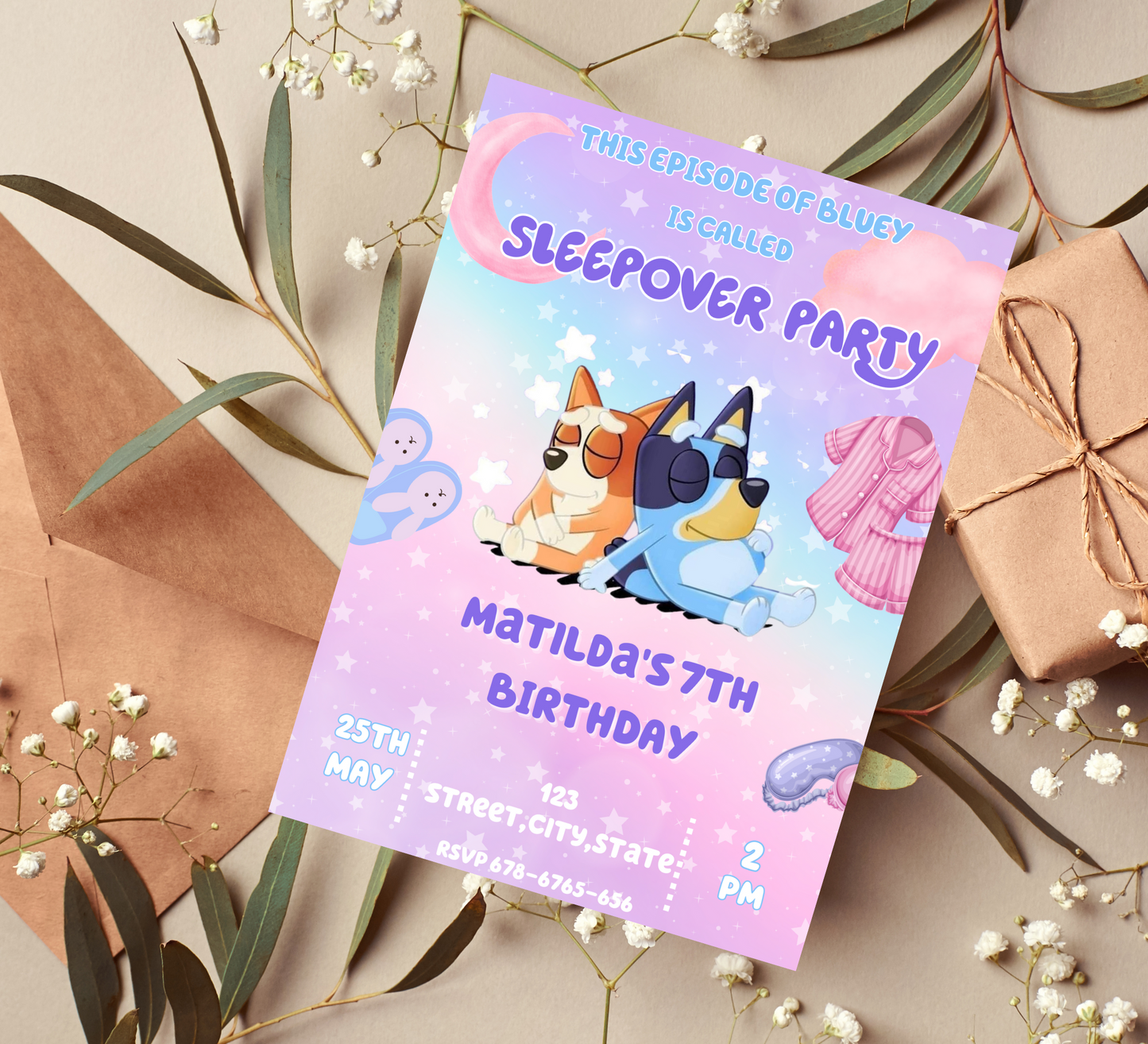 Bluey Sleepover Birthday Invitation: Bingo's Slumber Party Fun | Editable DIY Printable Template