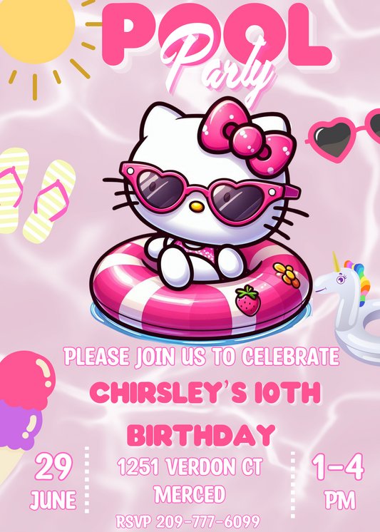 Hello Kitty Pink Pool Party Invitation | Self-Editable in Canva | Kawaii Summer Swim Birthday Invitation | Printable Template | Download