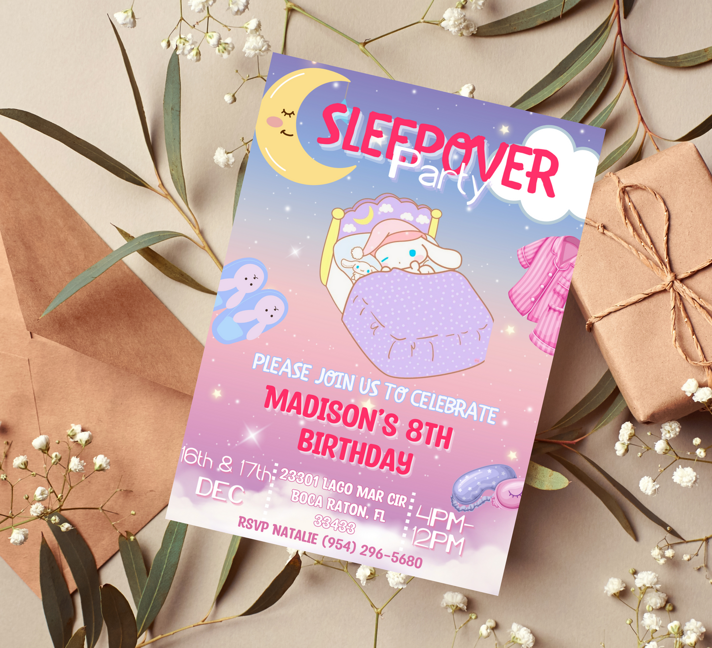 Cinnamoroll Sleepover Birthday Party Invitation for Girls, Hello Kitty and Friends Slumber Invite, Canva editable birthday Template, Cinnamon Roll Kawaii Party