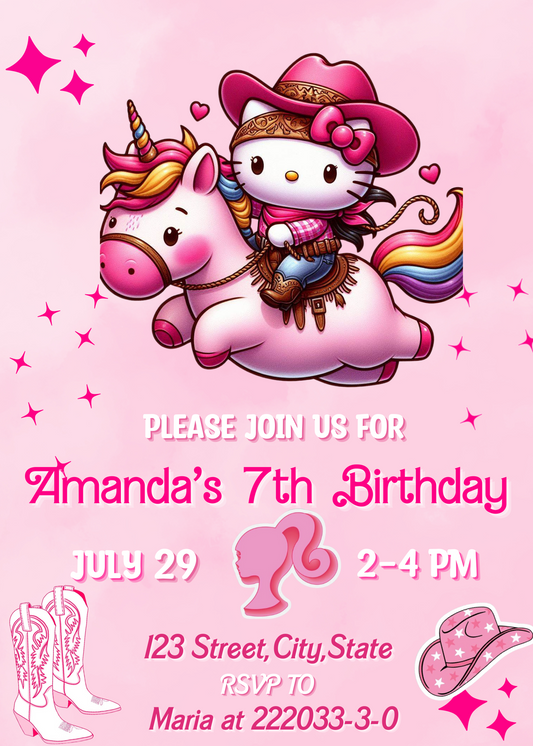 Hello Kitty Cowboy Pink Birthday Invitation | Editable Canva Template | Cowgirl Party Invite