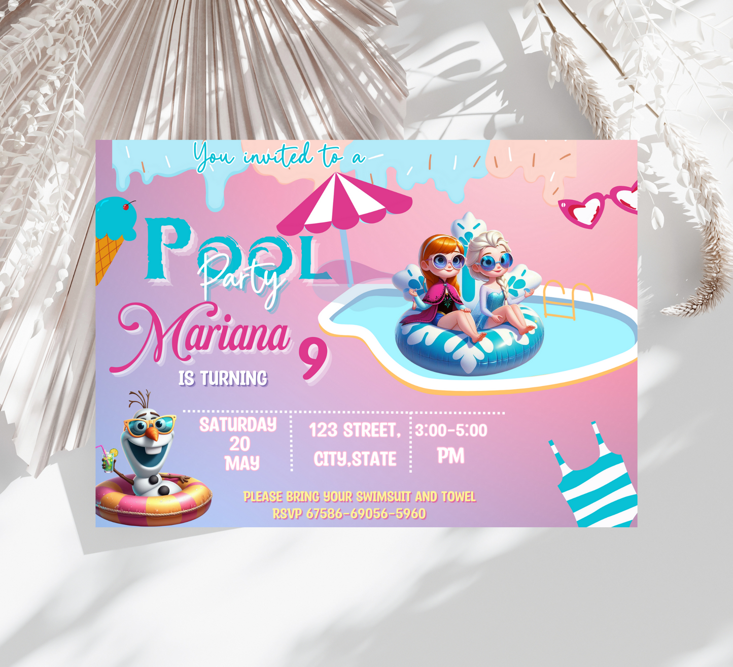 Chill with Elsa, Anna & Olaf: Frozen Pool Birthday Invitation, Magical Splash Party with Disney Friends