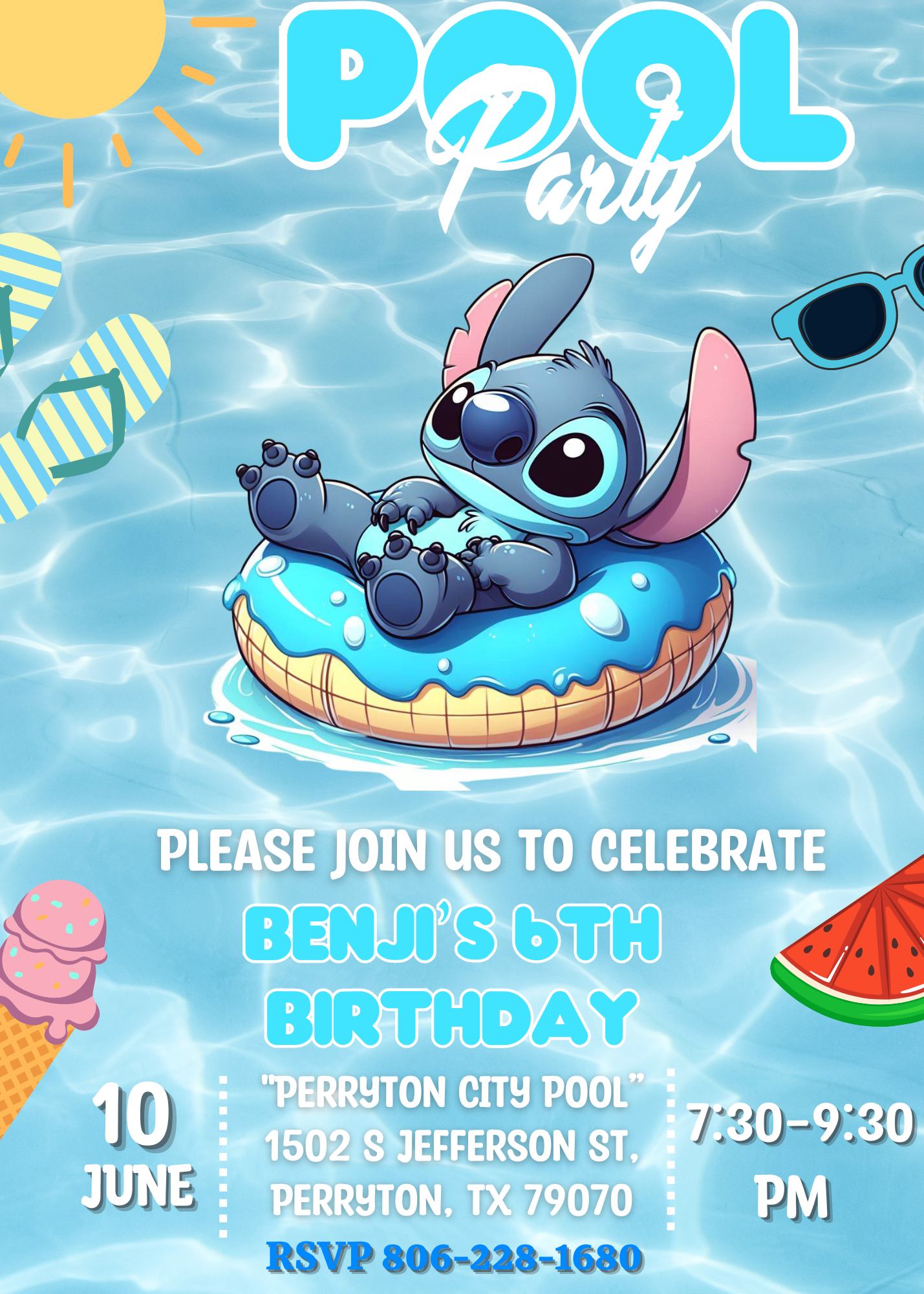 Stitch Pool Birthday Invitation - Fun Cartoon Style Lilo & Stitch Theme - Vibrant Tropical Celebration Invite