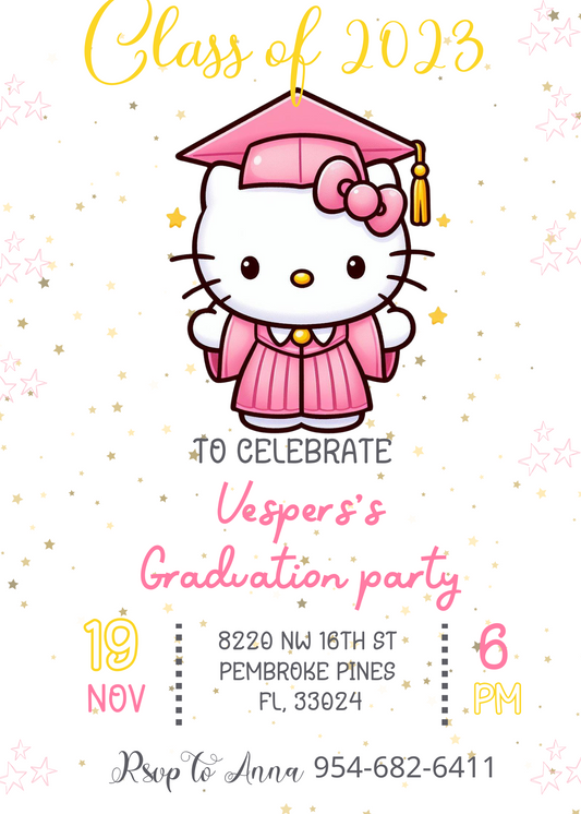 Hello Kitty Pink Graduation Party Invitation | Self Editable In Canva | Kawaii Graduation Invitation | Printable Template | Editable Download