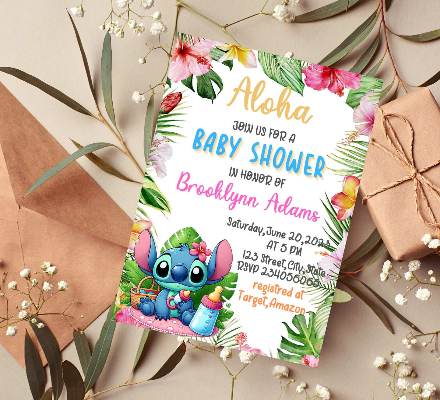 Aloha Tropical Hawaiian Stitch Baby Shower Invitation: Welcome to a Whimsical Hawaiian Celebration!