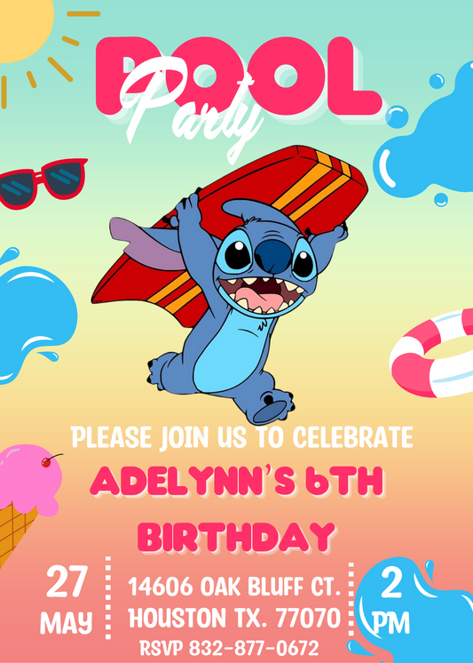 Stitch Pool Surf Birthday Invitation and Thank You Card Set | Tropical Celebration Duo