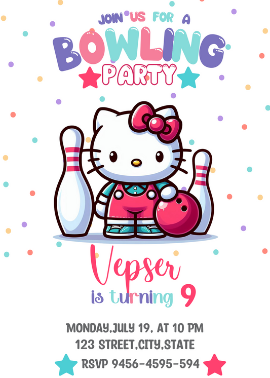 Hello Kitty Bowling Birthday Invitation: Canva Editable Invitation