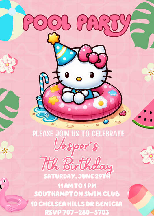 Hello Kitty Birthday Party Invitation, Hello Kitty Kawaii Invitation, Kitty Party Invite, Kitty Birthday Theme, Digital Invite, Editable Canva Template