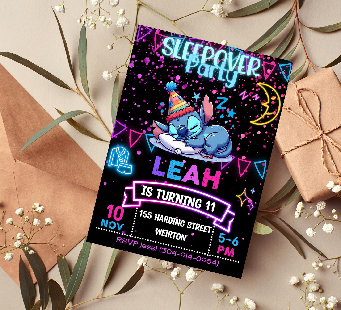 Stitch Sleepover Neon Birthday Invitation | Lilo and Stitch Party Invite | Editable Digital Download | Vibrant and Fun Sleepover Theme