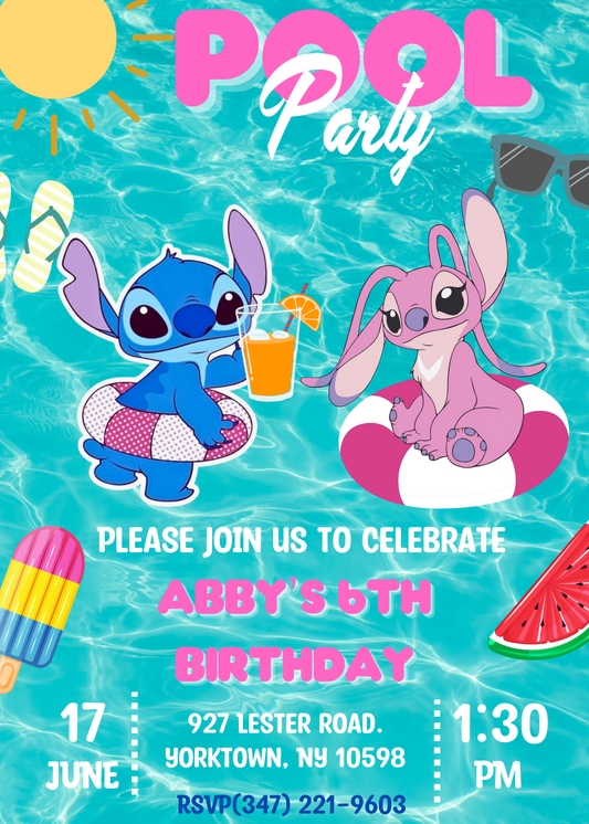 Stitch and Angel Pool Birthday Invitation | Tropical Celebration