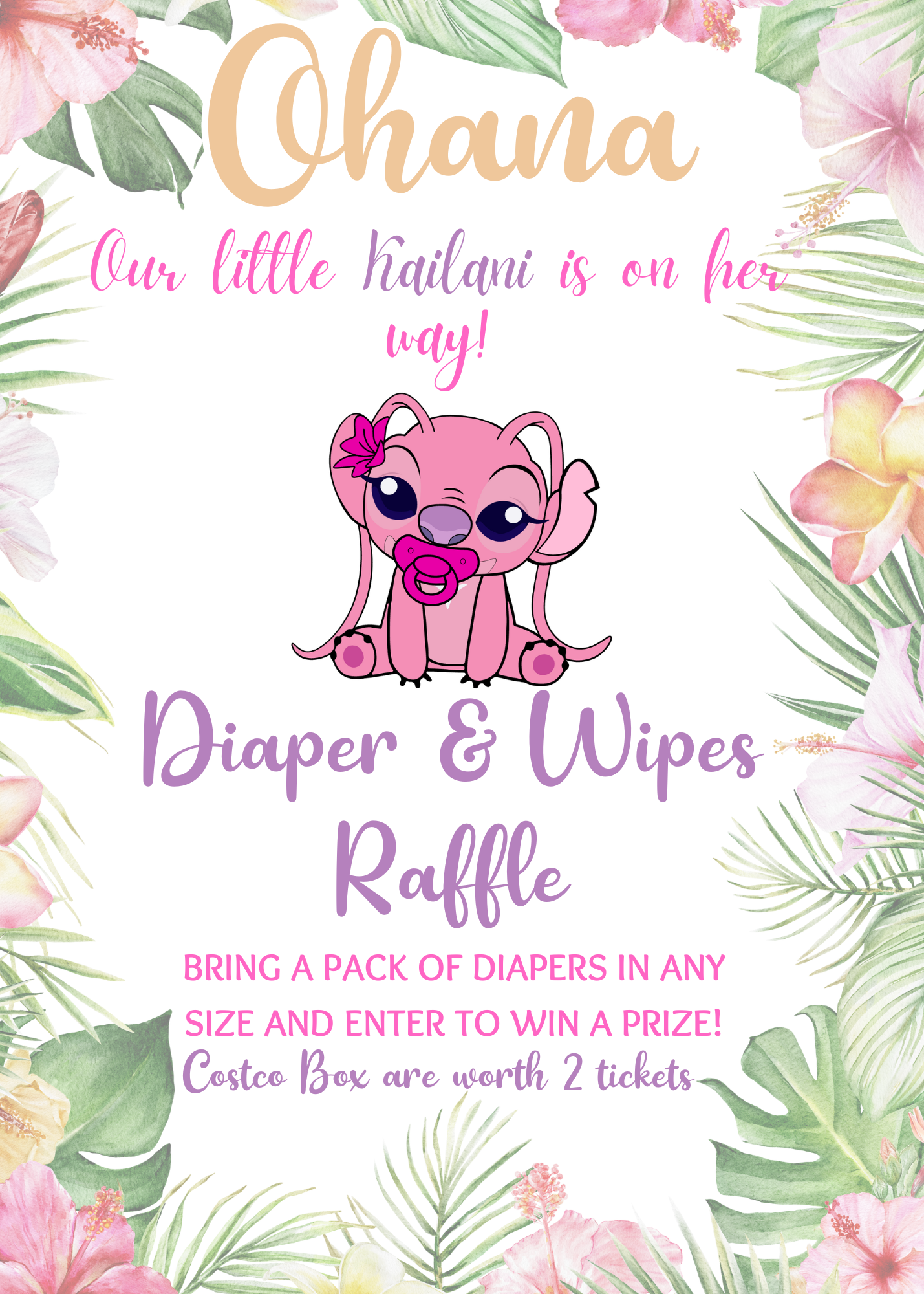 Aloha Ohana Stitch Baby Shower: Hawaiian Tropical Diaper Raffle Sign