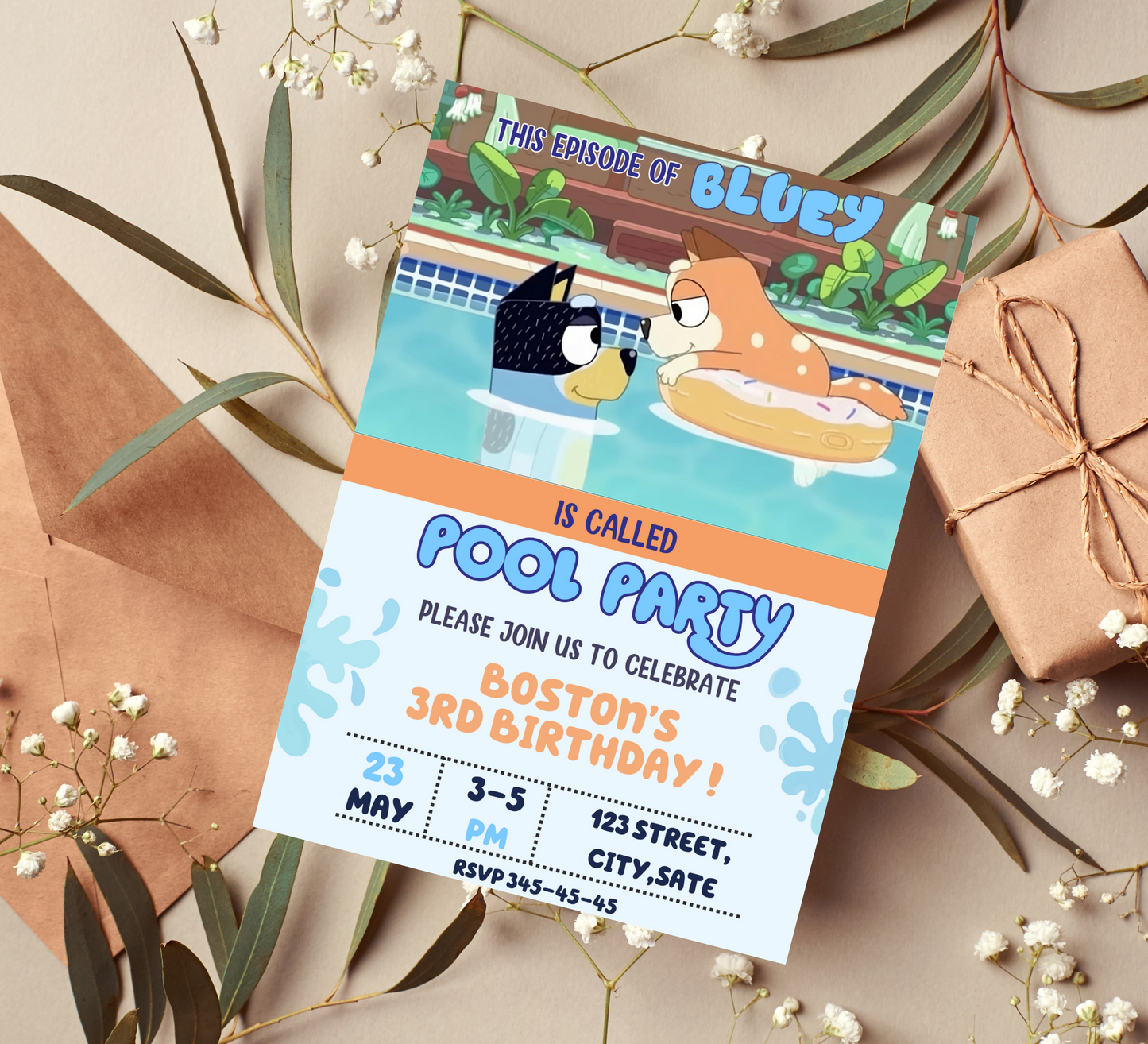 Customizable Bluey Birthday Invitation, Bluey & Bingo Birthday Invite, Bluey pool party, Kids Birthday Invite, pool party, Digital Template