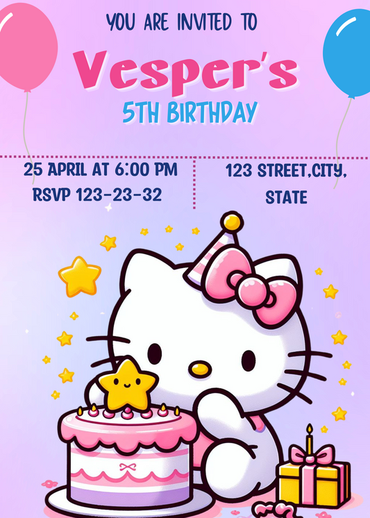 Hello Kitty Pink & Purple Birthday Invitation: Kawaii Celebration with Hello Kitty Theme