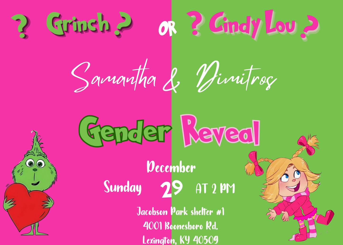 Cindy Lou Who Gender Reveal Invitation | Pink Green Baby Shower | Grinch Theme