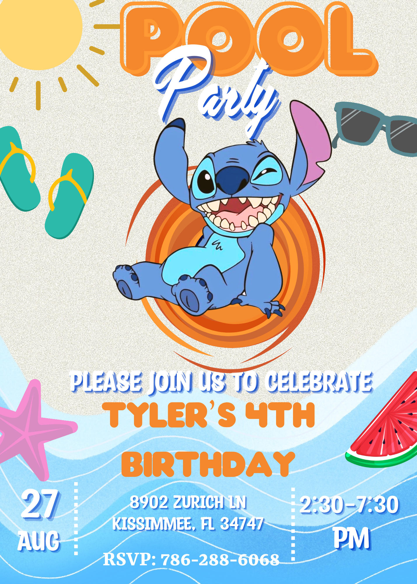 Stitch Pool Birthday Invitation | Orange Splash Theme