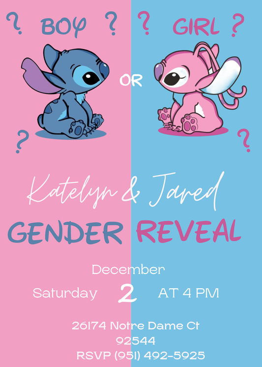 Stitch and Angel Gender Reveal Invitation | Two Color Blue Pink | Whimsical Disney Magic