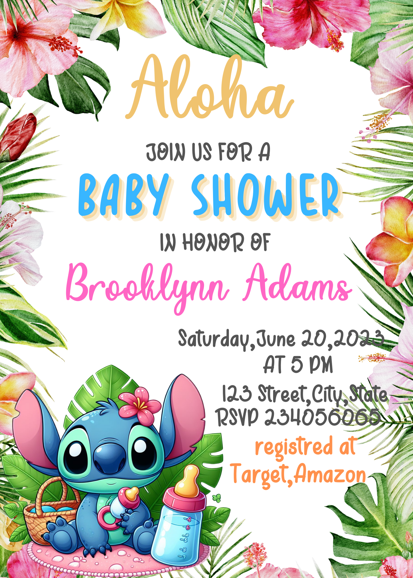 Aloha Tropical Hawaiian Stitch Baby Shower Invitation: Welcome to a Whimsical Hawaiian Celebration!