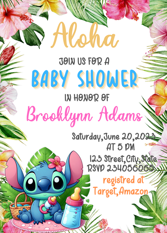 Aloha Tropical Hawaiian Stitch Baby Shower Invitation: Welcome to a Whimsical Hawaiian Celebration!