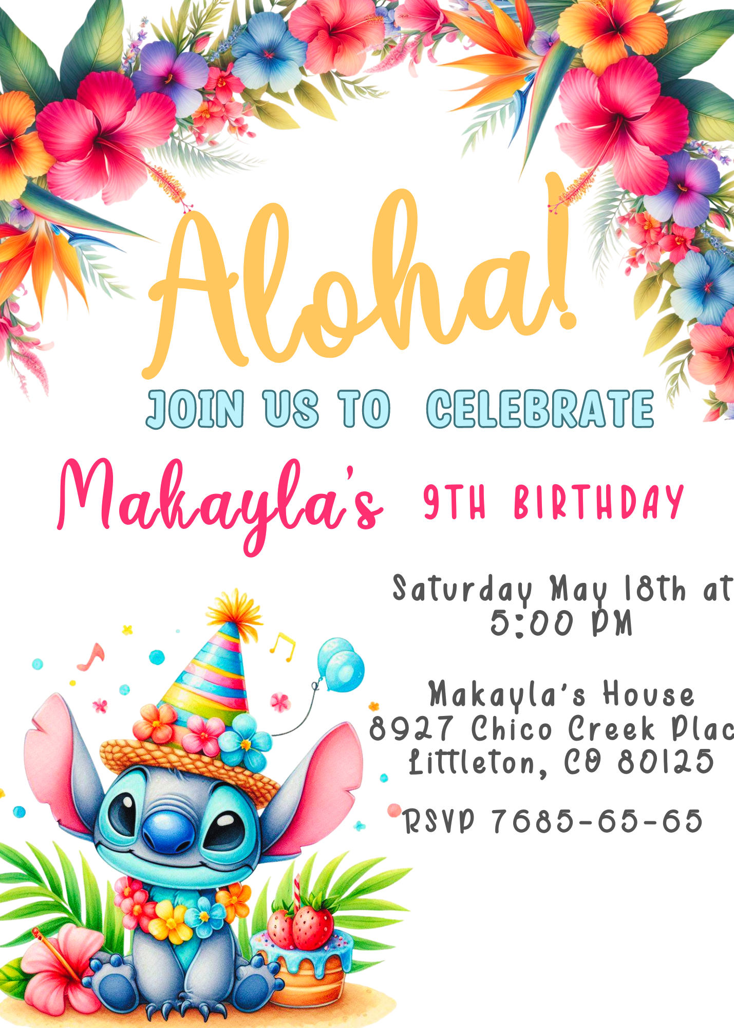 Aloha Ohana Stitch Tropical Hawaiian Birthday Invitation - Editable Digital Download"