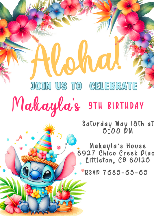 Aloha Ohana Stitch Tropical Hawaiian Birthday Invitation - Editable Digital Download"