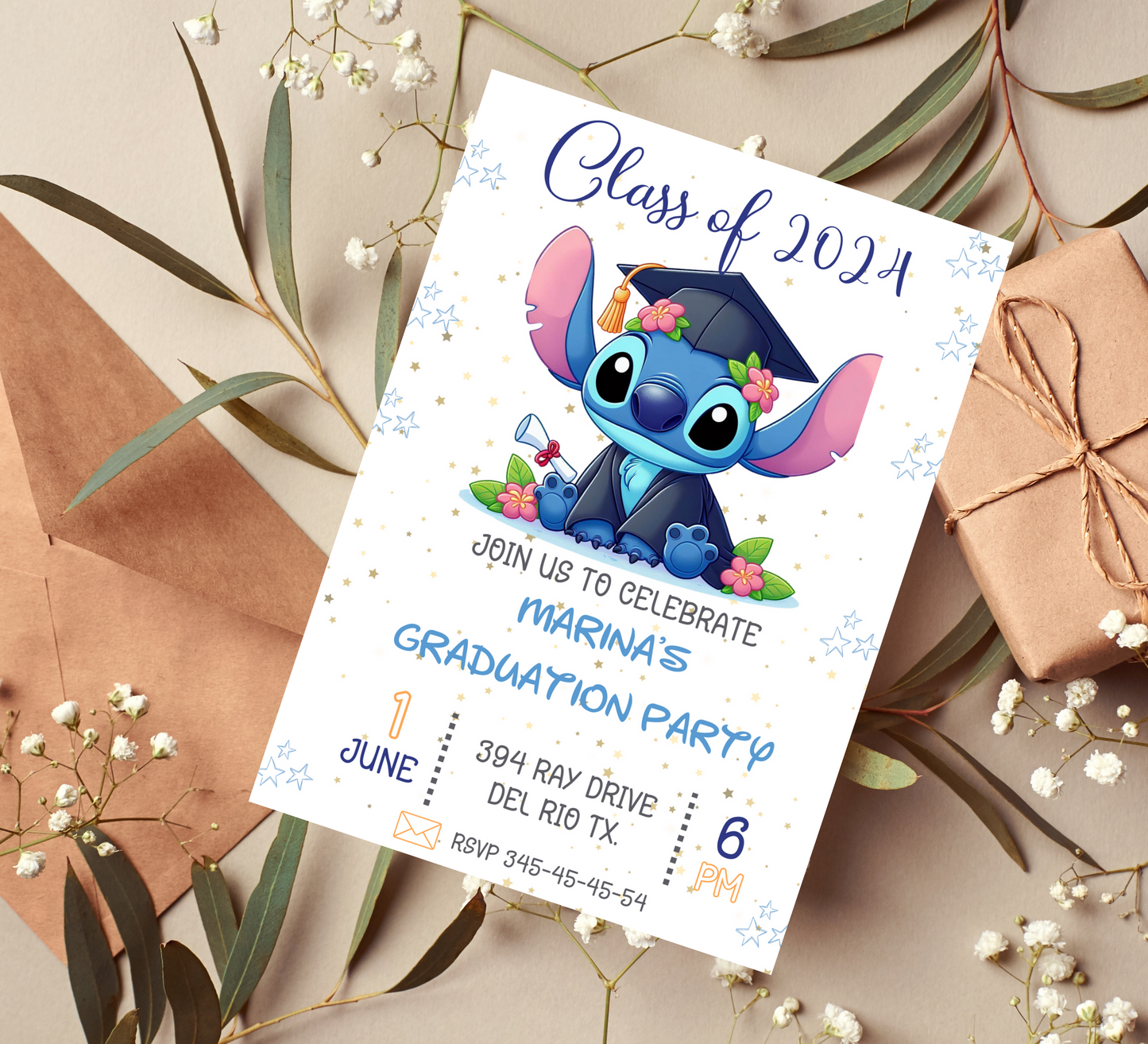 Stitch Graduation Celebration Invitation: Ohana's Grad Party - Customizable Hawaiian Theme