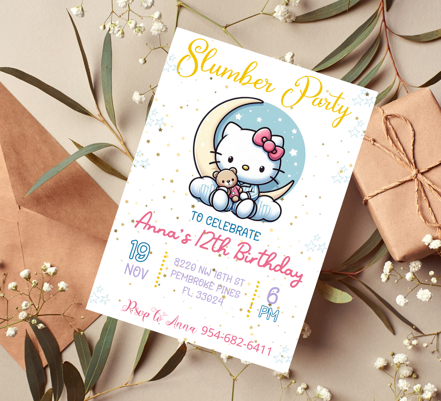 "Hello Kitty Slumber Party Invitation | Pink Pajama Sleepover Birthday Invite | Girls' Slumber Party Theme"