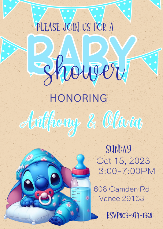 Stitch Baby Shower Blue Invitation | Cute Ohana Tropical Hawaii Theme | Editable Template